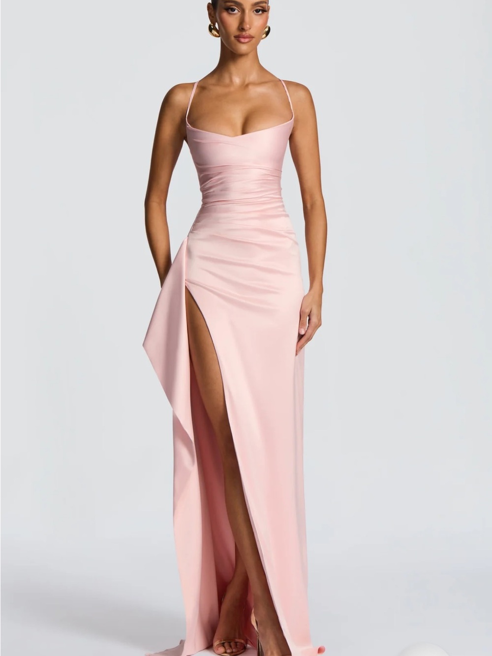 Blush Pink Spaghetti-Strap Satin Prom Gown